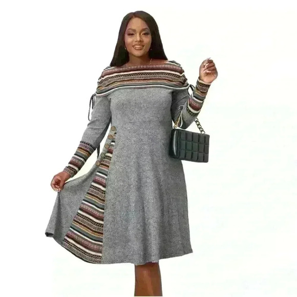 without brand Dresses & Skirts - Boho Dress Women's Boat Neck Drawstring Ruched Long Sleeve Geometric size M